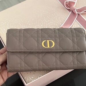 Dior Taupe Quilted Wallet with Gold Logo